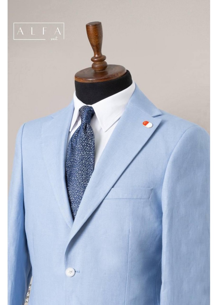 %100 Pamuk Keten Erkek Takım Elbise – Açık Mavi