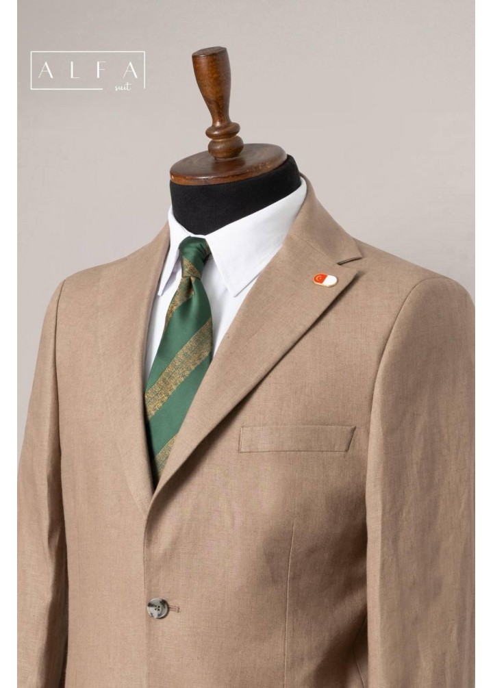 %100 Keten Taş Rengi Takım Elbise – Yazın Vazgeçilmez Doğallığı