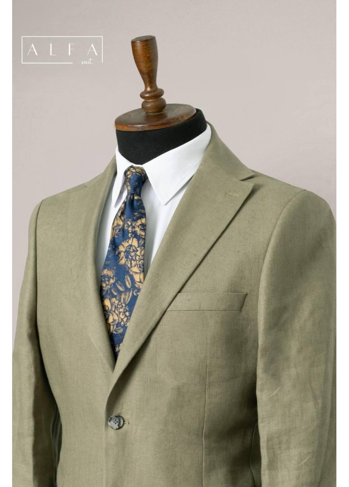 %100 Pamuk Keten Erkek Takım Elbise – Açık Haki