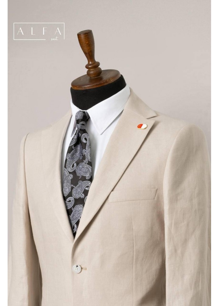 %100 Pamuk Keten Erkek Takım Elbise – Krem